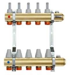 Brass manifold with flow meters and thermostatic valves